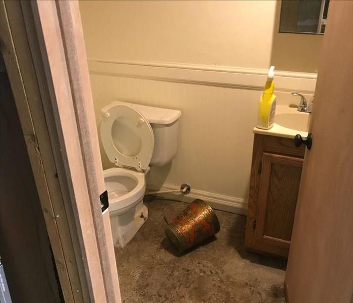 A basement bathroom is flooded.