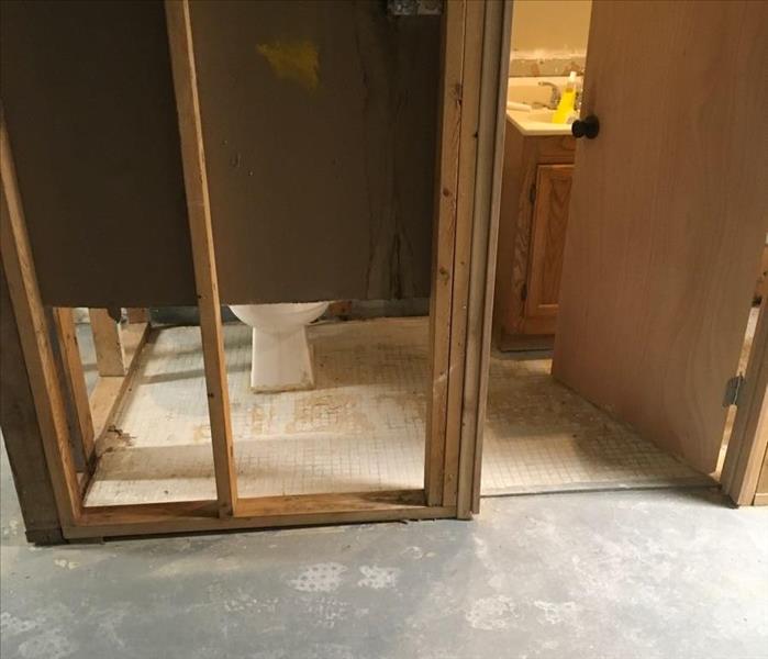 The bathroom walls have been removed and flooring removed.