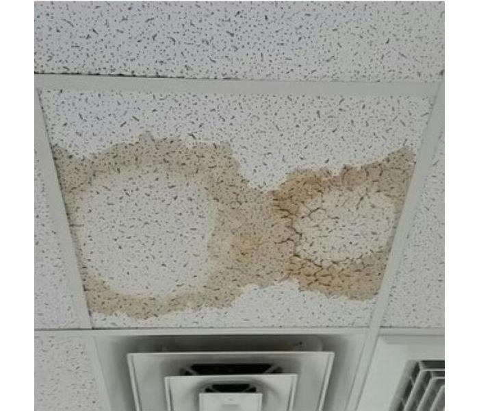 Ceiling tile in school with water damage and mold
